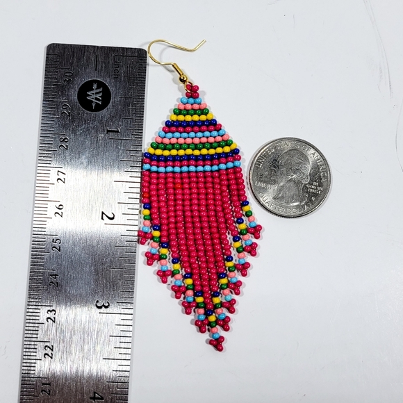 Handmade Fuchsia Pink Tribal Seed Bead Fringe Earrings - Picture 3 of 5
